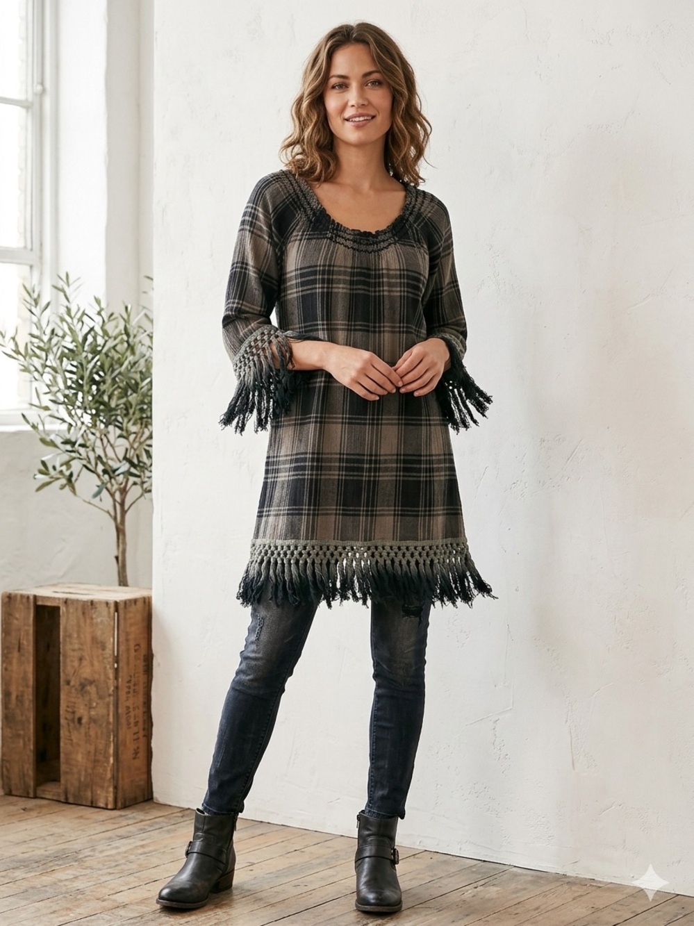 Uncle Frank Boho Plaid Tunic Dress with Macramé Fringe - Size XL
